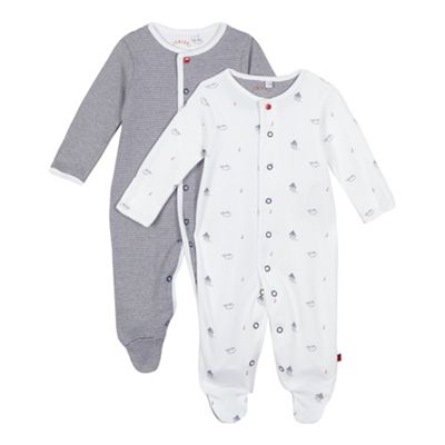 Pack of two baby boys' white boat and navy fine striped print sleepsuits